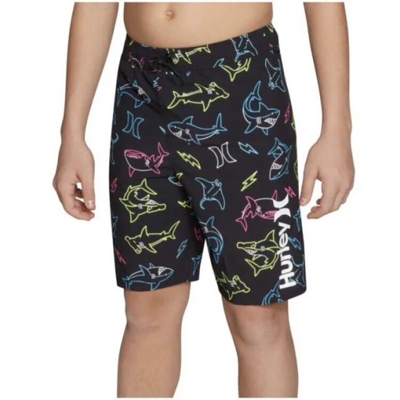 Hurley Boys Swim Trunks Shorts 4 Black Sharks Drawstring Inner Lining Pocket - Picture 1 of 3